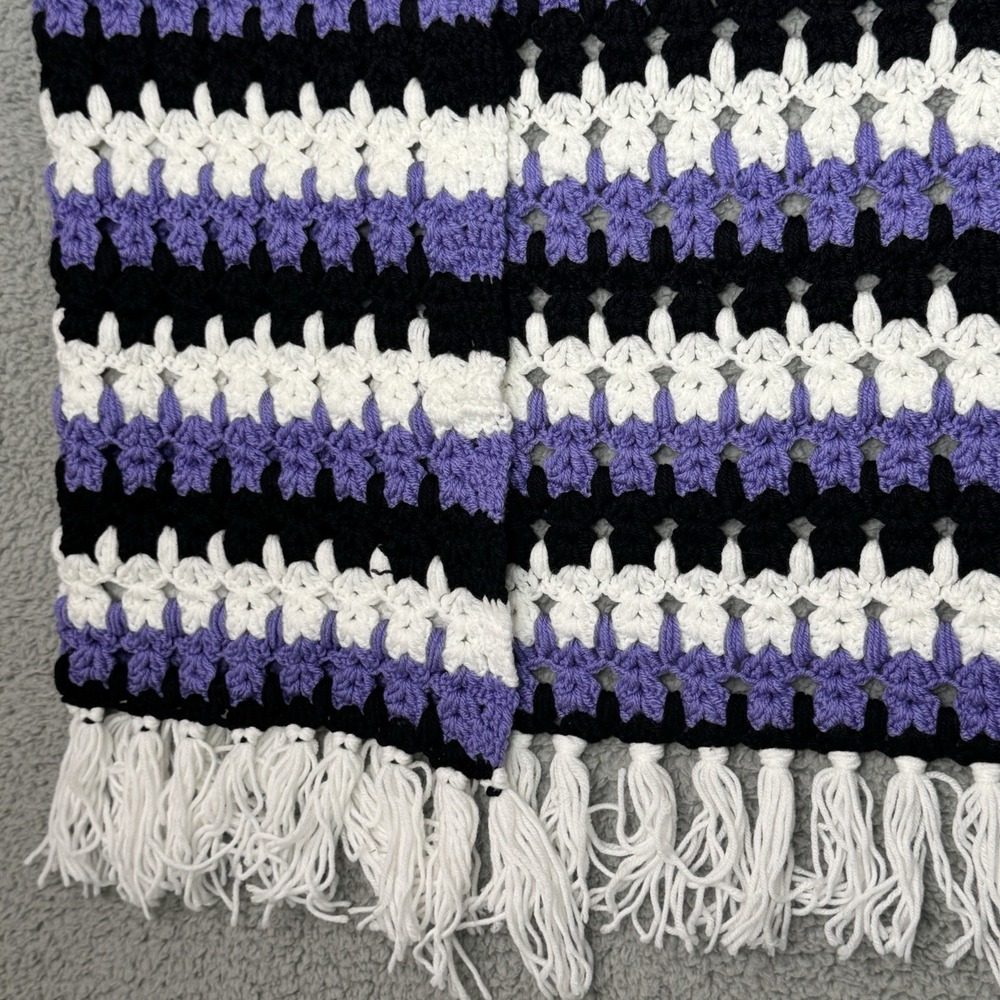 Handmade Chunky Crocheted Throw Blanket Tassels 56x72" Afghan Purple White Black - Picture 4 of 5